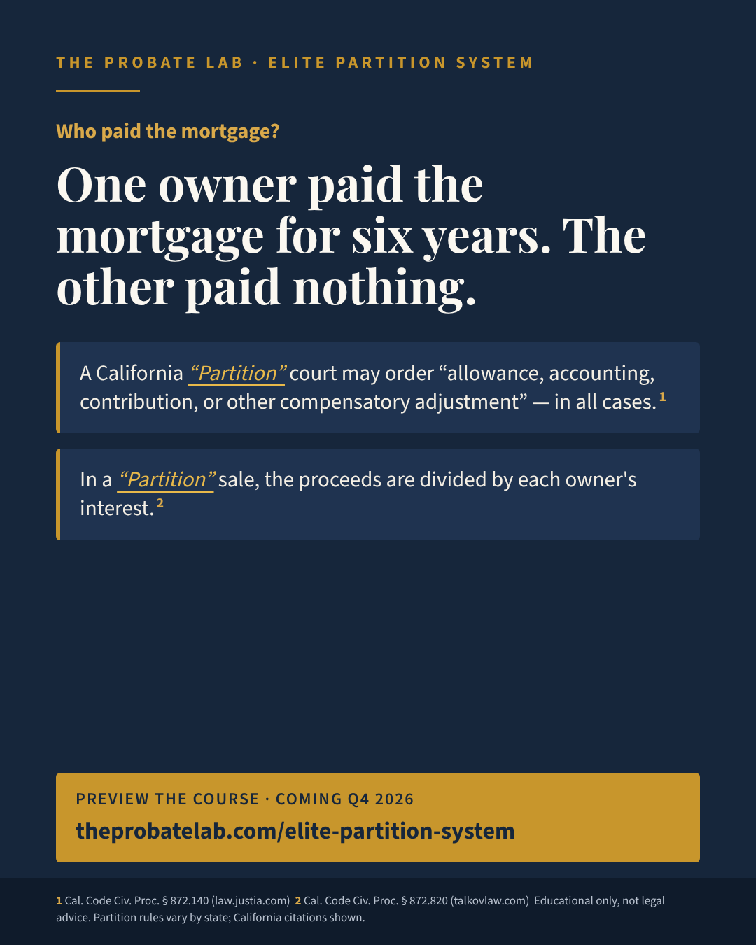 One owner paid the mortgage for six years. The other paid nothing.