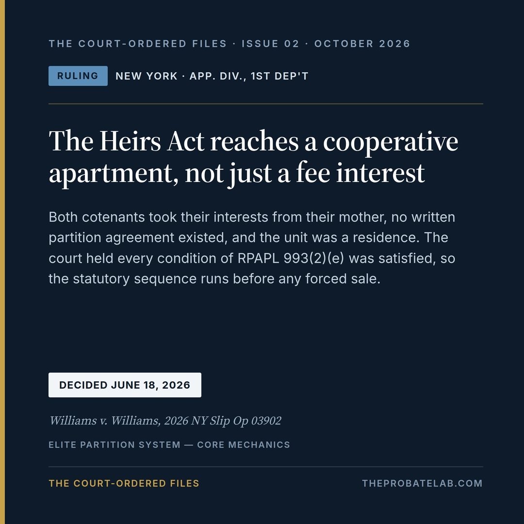 The Heirs Act reaches a cooperative apartment, not just a fee interest — Williams v. Williams