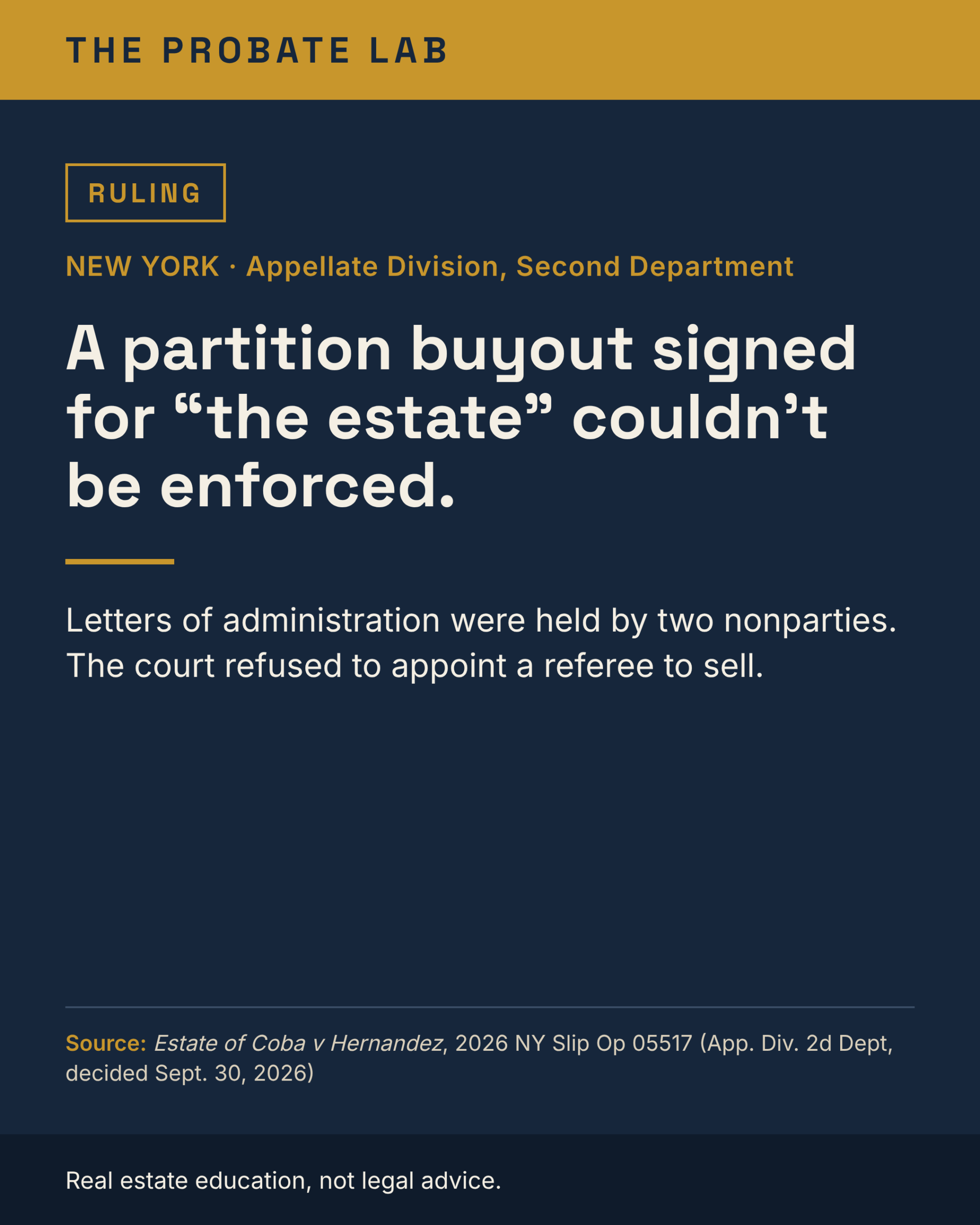 The Probate Lab card: New York ruling — a partition buyout signed for the estate could not be enforced. Source: Estate of Coba v Hernandez, 2026 NY Slip Op 05517.